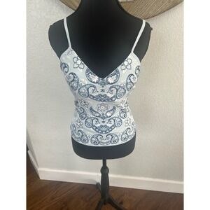 Y2K vtg Derek Heart Womens Blue Paisley Floral Cami Tank Top Built In Bra Size M